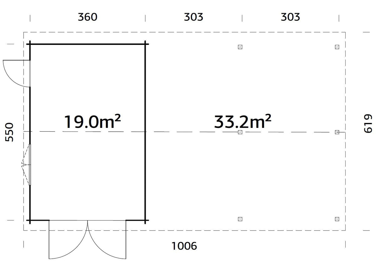 Timber Garage Roger 19.0+33.2 m² with wooden gate