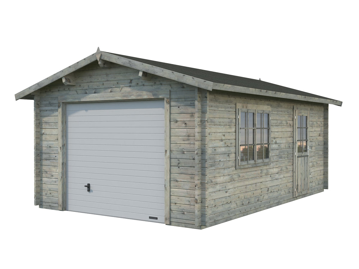 Timber Garage Roger 19.0 m² with sectional door, grey dip-treated