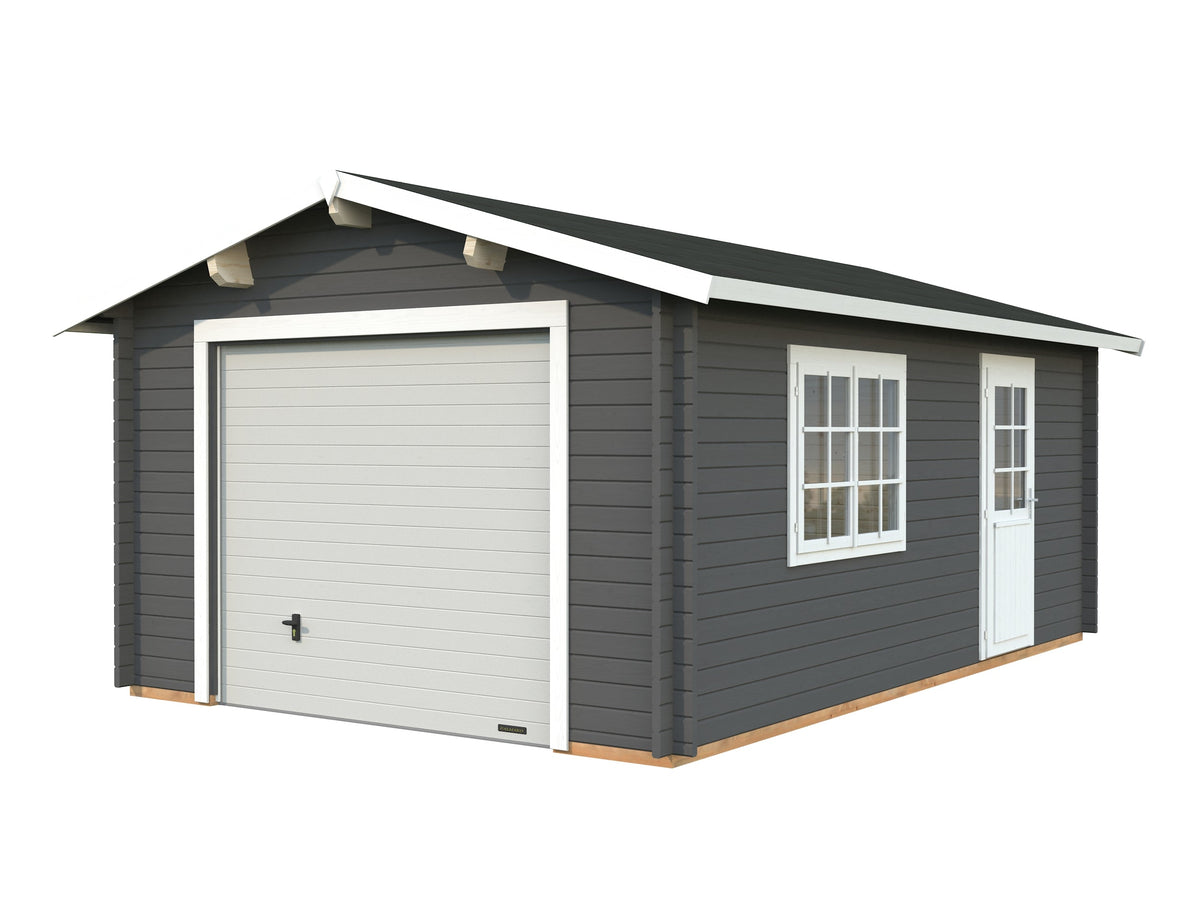 Timber Garage Roger 19.0 m² with sectional door, grey with white trim