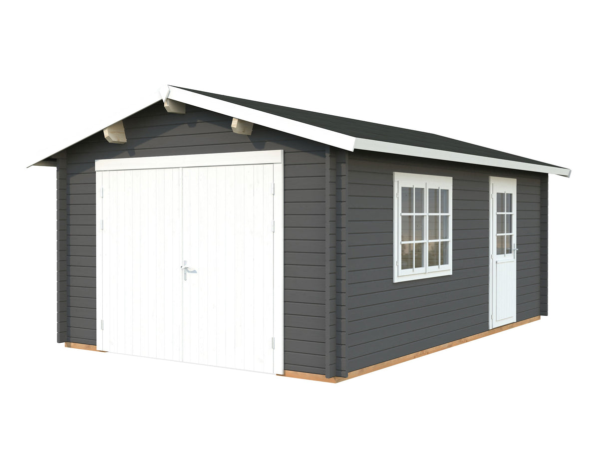 Timber Garage Roger 19.0 m² with wooden gate, grey with white trim