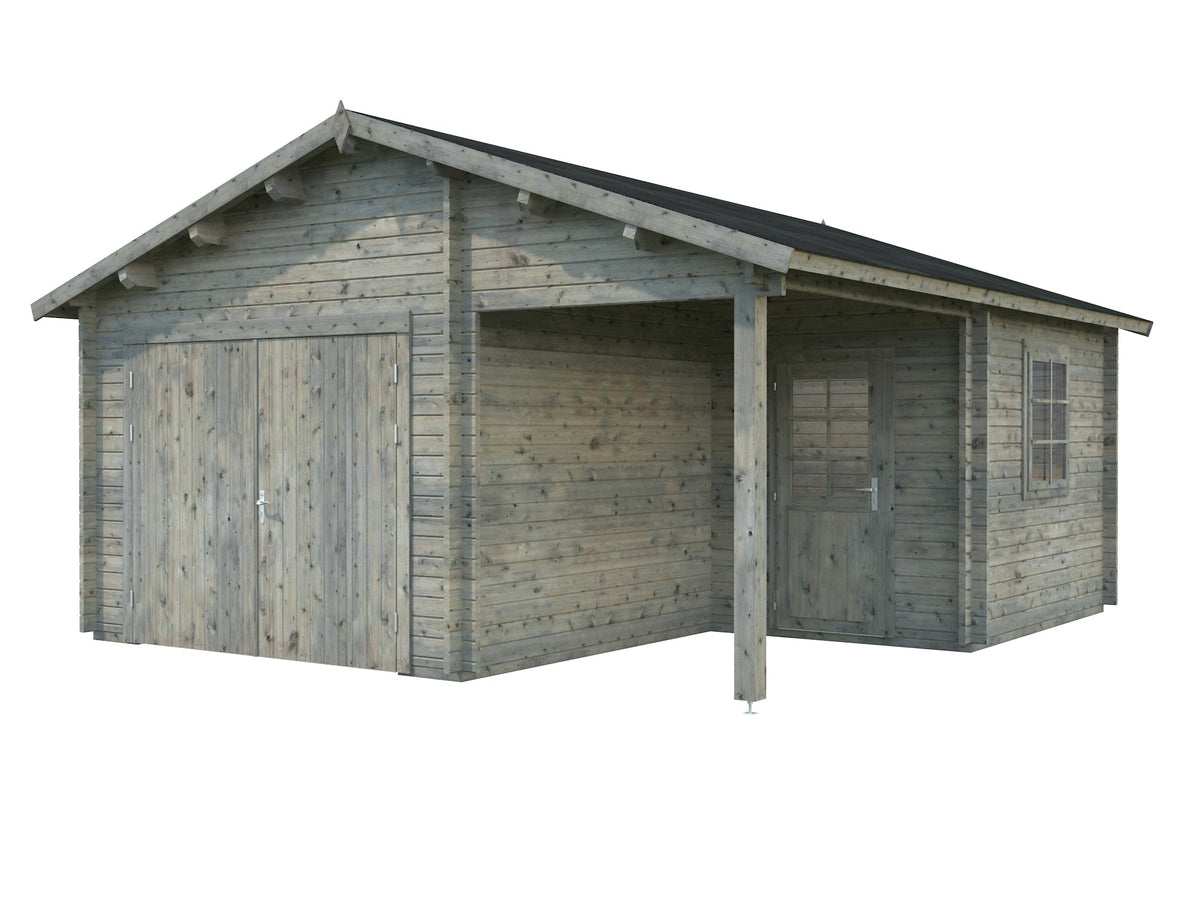 Timber Garage Roger 21.9+5.2 m² with wooden gate, grey dip-treated