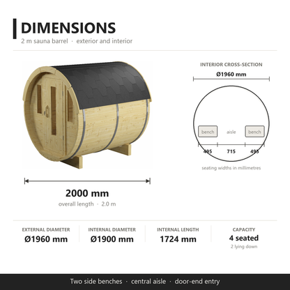 Nordic Spa 2 m sauna barrel dimensions: 2000 mm overall length, Ø1960 mm external, two 495 mm benches and a 715 mm central aisle, seats 4 or 2 lying down