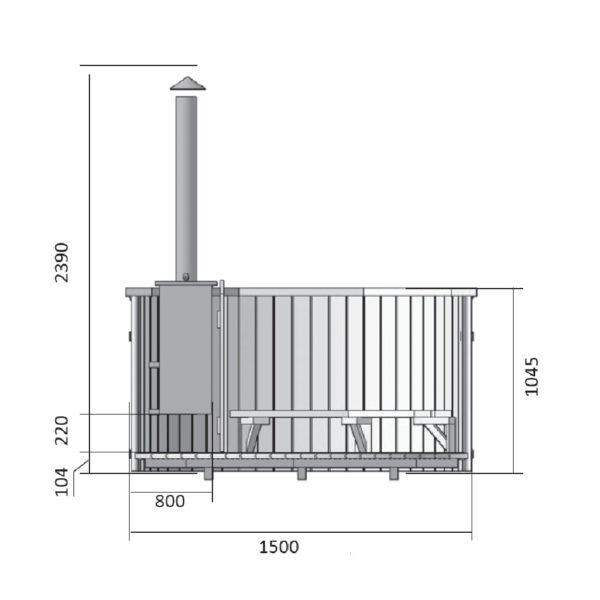 Nordic Spa 1.5m diameter Wood Fired Hot Tub with internal heater Dimensions